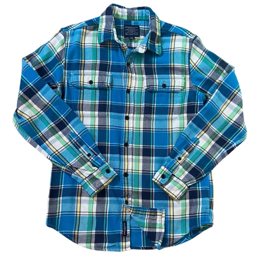 American Eagle Outfitters Men’s Flannel Shirt Aqua Navy Green LIKE NEW Small